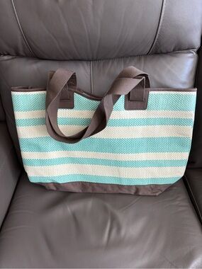 thirty-one Aqua and Cream Striped Tote with Brown Handles